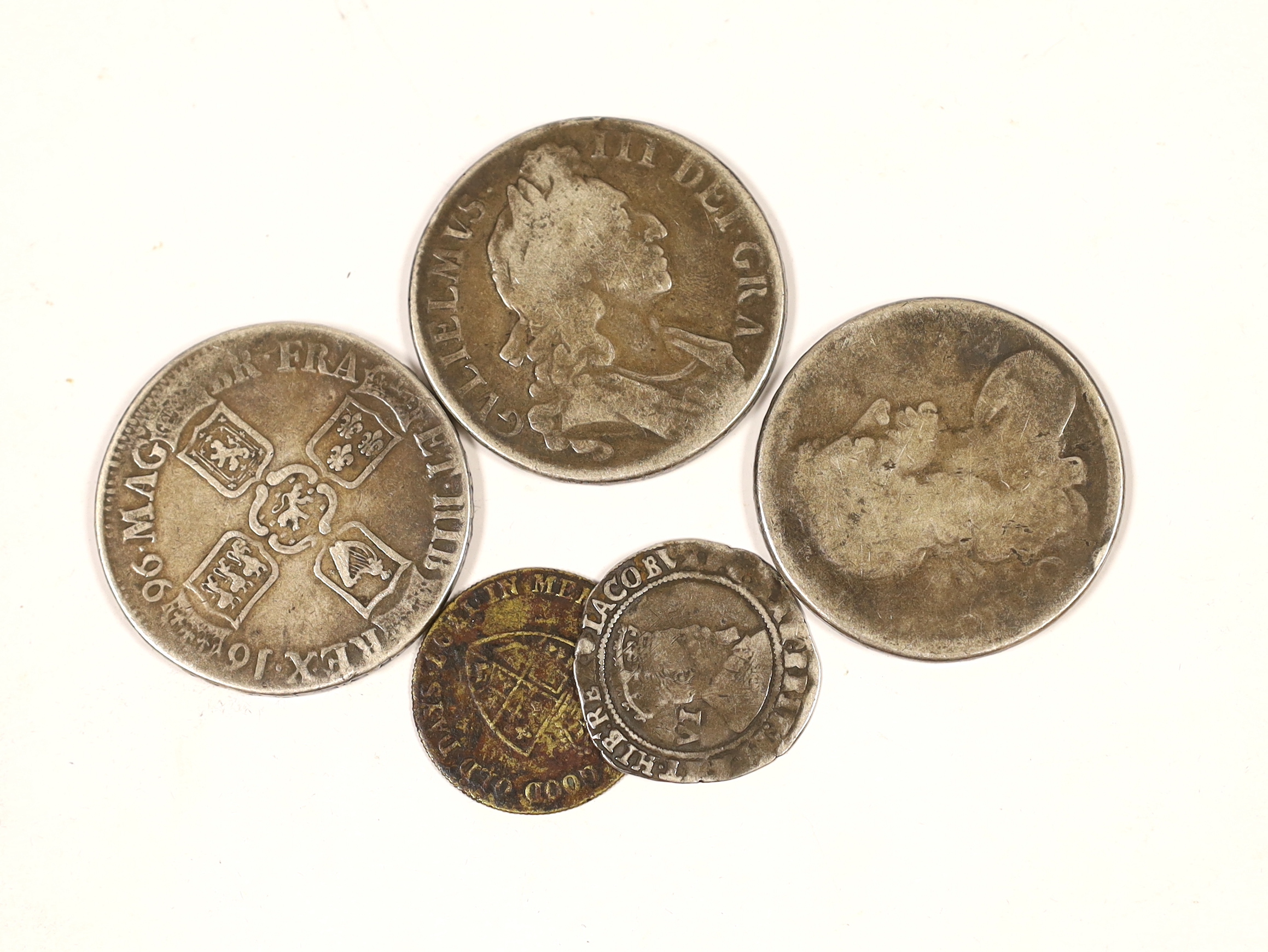 British silver coins - a Charles II crown 1682, two William III silver crowns, 1696, a James VI sixpence, 1605, together with a George III token